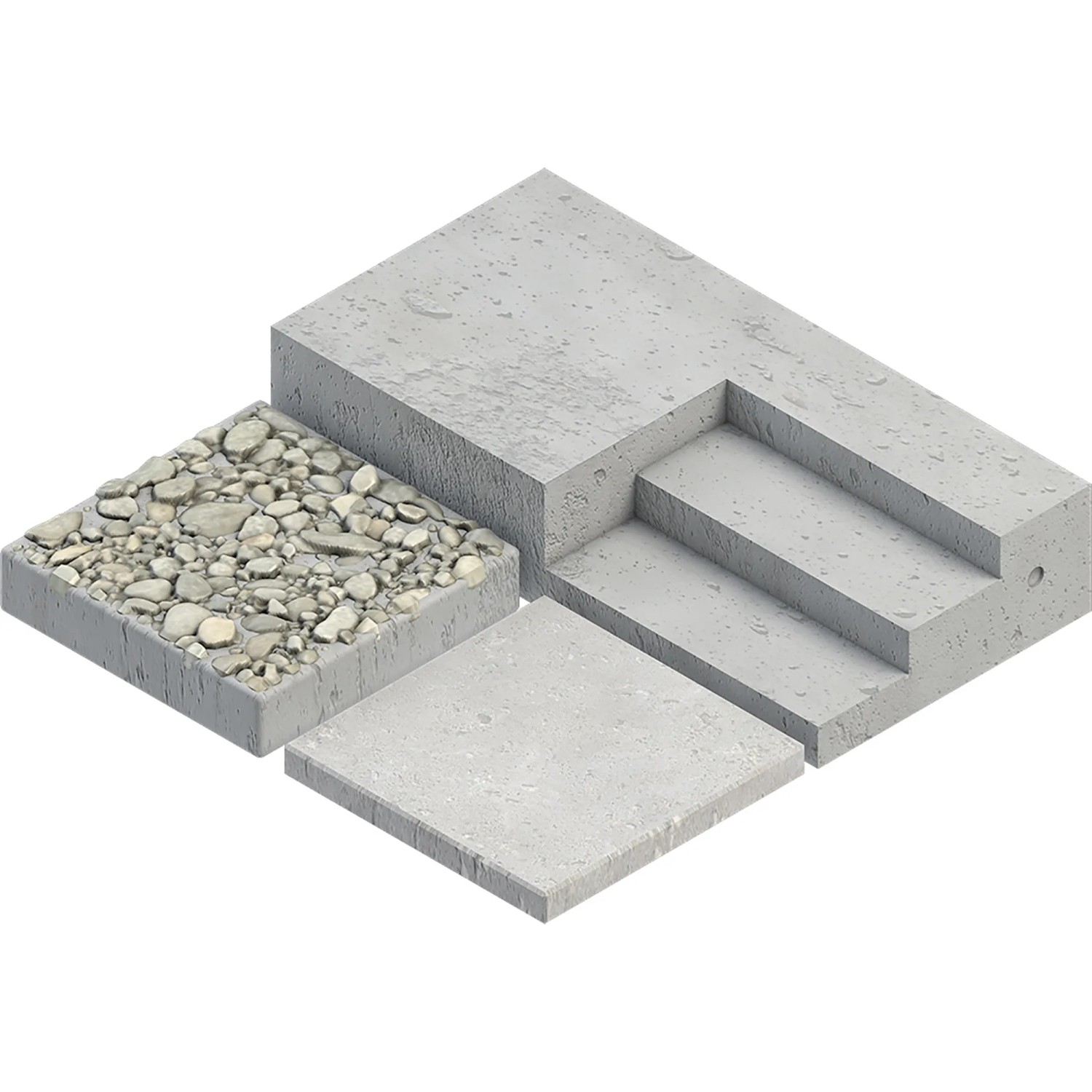 Illustration verschiedener grauer Pflastersteine und einer Treppenstufe aus Beton.