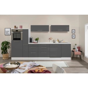 Respekta Premium Inselküche, 310 cm, Grau Hochglanz/Weiß, mit E-Geräten und Kochinsel.