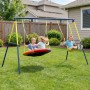 Kinder spielen auf blau-gelbem AIYAPLAY Stahl Schaukelgestell mit Nest- und Einzelschaukel im Garten.