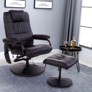 Schwarzer elektrischer Massagesessel mit Hocker und Liegefunktion. Bequemer Relaxsessel mit Fernbedienung.