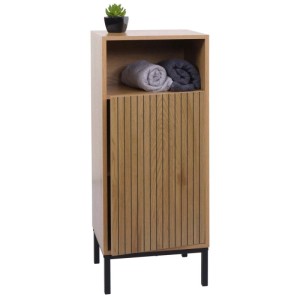 Kommode O42 in Holzoptik Natur mit Tür, offenem Fach und schwarzen Füßen.