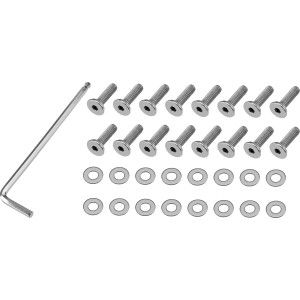 Montageset für Gartentisch Sacramento: Schrauben, Unterlegscheiben und Inbusschlüssel.