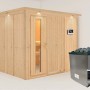 Karibu Sauna Gunda mit Ofen und LED-Dachkranz aus naturbelassener Fichte.