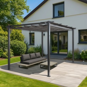 Anthrazitfarbene MCW Pergola N93 3x4m mit Schiebedach und Gartenmöbeln auf Terrasse.