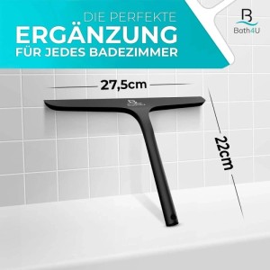 Schwarzer Bath4U Duschabzieher aus Silikon und Edelstahl (27,5 cm) an Fliesenwand.