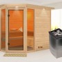 Karibu Sauna Sanna 3 mit Edelstahl-Ofen. Massivholzsauna mit integrierter Steuerung und Dachkranz.