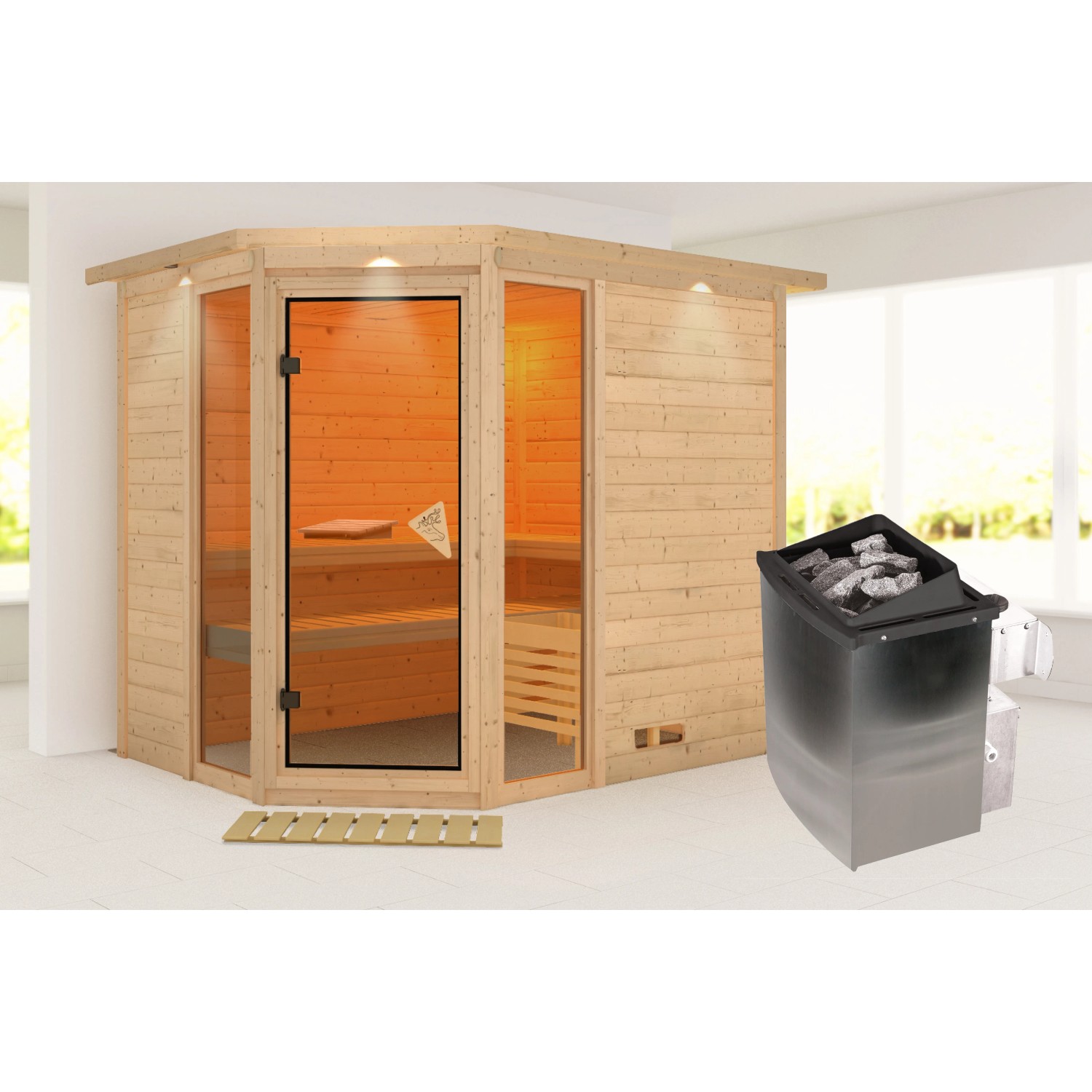 Karibu Sauna Sanna 3 mit Edelstahl-Ofen. Massivholzsauna mit integrierter Steuerung und Dachkranz.