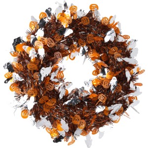 Glitzernder Halloween-Kranz (38cm) mit Kürbissen und Geistern in Orange, Silber und Lila.