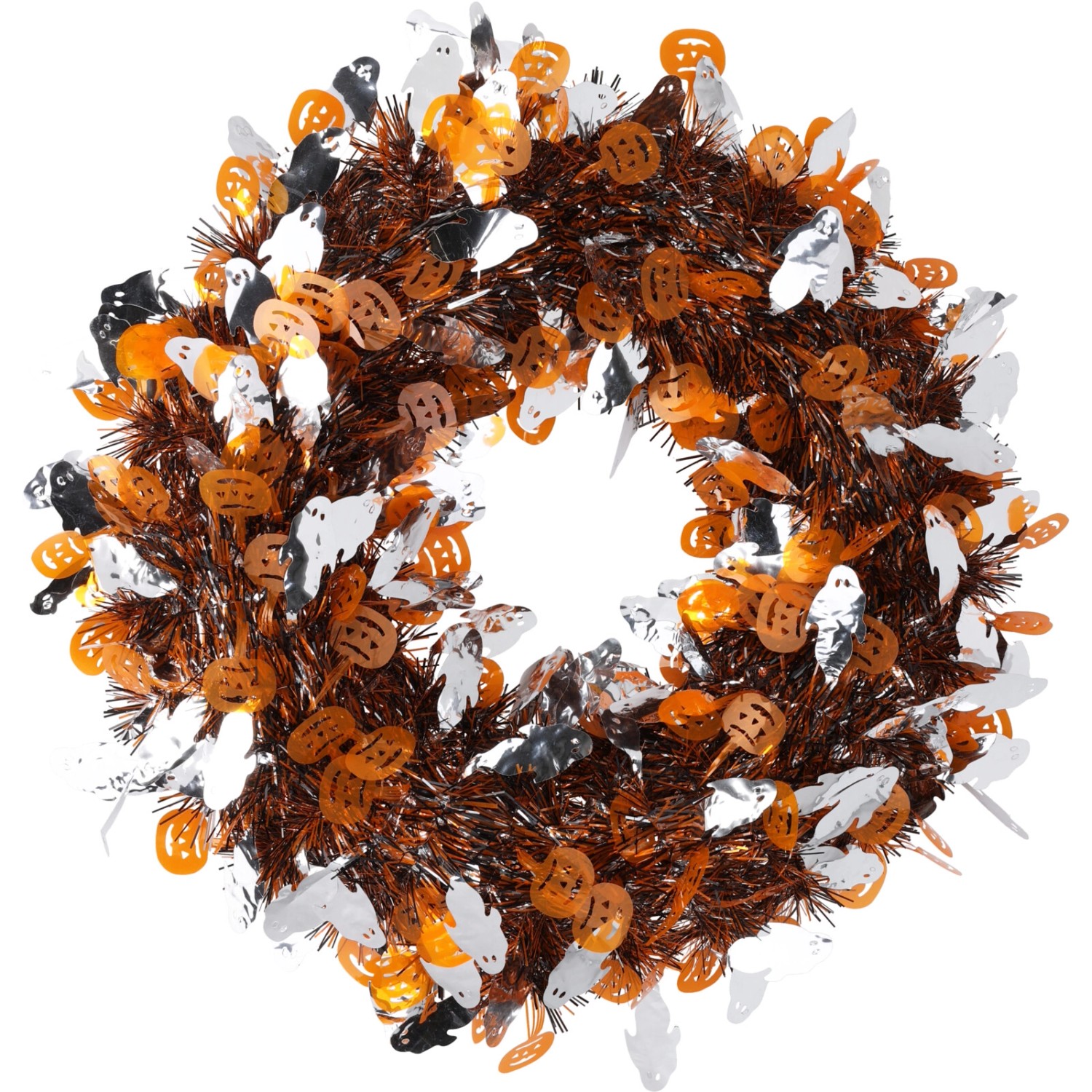 Glitzernder Halloween-Kranz (38cm) mit Kürbissen und Geistern in Orange, Silber und Lila.