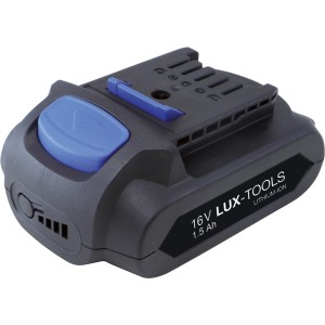 LUX-TOOLS 16V Akku, 1.5 Ah, Lithium-Ionen Akku für Werkzeuge, blau und schwarz.