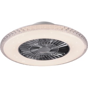 Chromfarbene LED-Deckenleuchte Harstad mit integriertem Ventilator und Kristallrand.