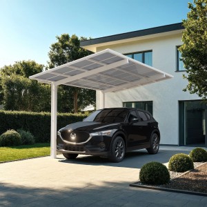 Winterweißer Ximax Carport Linea-80 mit transparentem Dach und schwarzem Auto.
