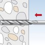 Illustration: Fischer Duopower Dübel 8x65 im Mauerwerk mit Bohrer und rotem Pfeil.