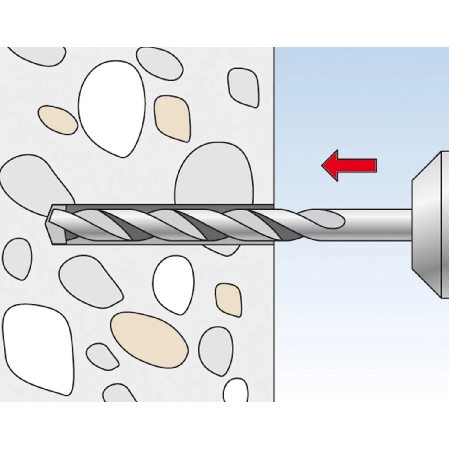 Illustration: Fischer Duopower Dübel 8x65 im Mauerwerk mit Bohrer und rotem Pfeil.