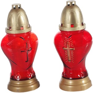 Grablampe Iglesia B: Rotes Glas, goldfarbener Deckel, Herzform mit Kreuz. Für Grabkerzen.