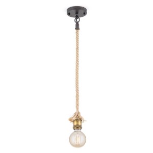 Orion Hängeleuchte Bassena im Industriedesign. Patinierte Stahlmontur, Hanfseil, Messingfassung, Filamentlampe.