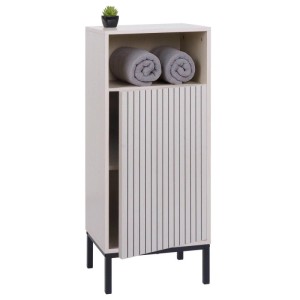 Beige Kommode O42 in Holzoptik mit Fächern und Tür auf schwarzen Füßen.