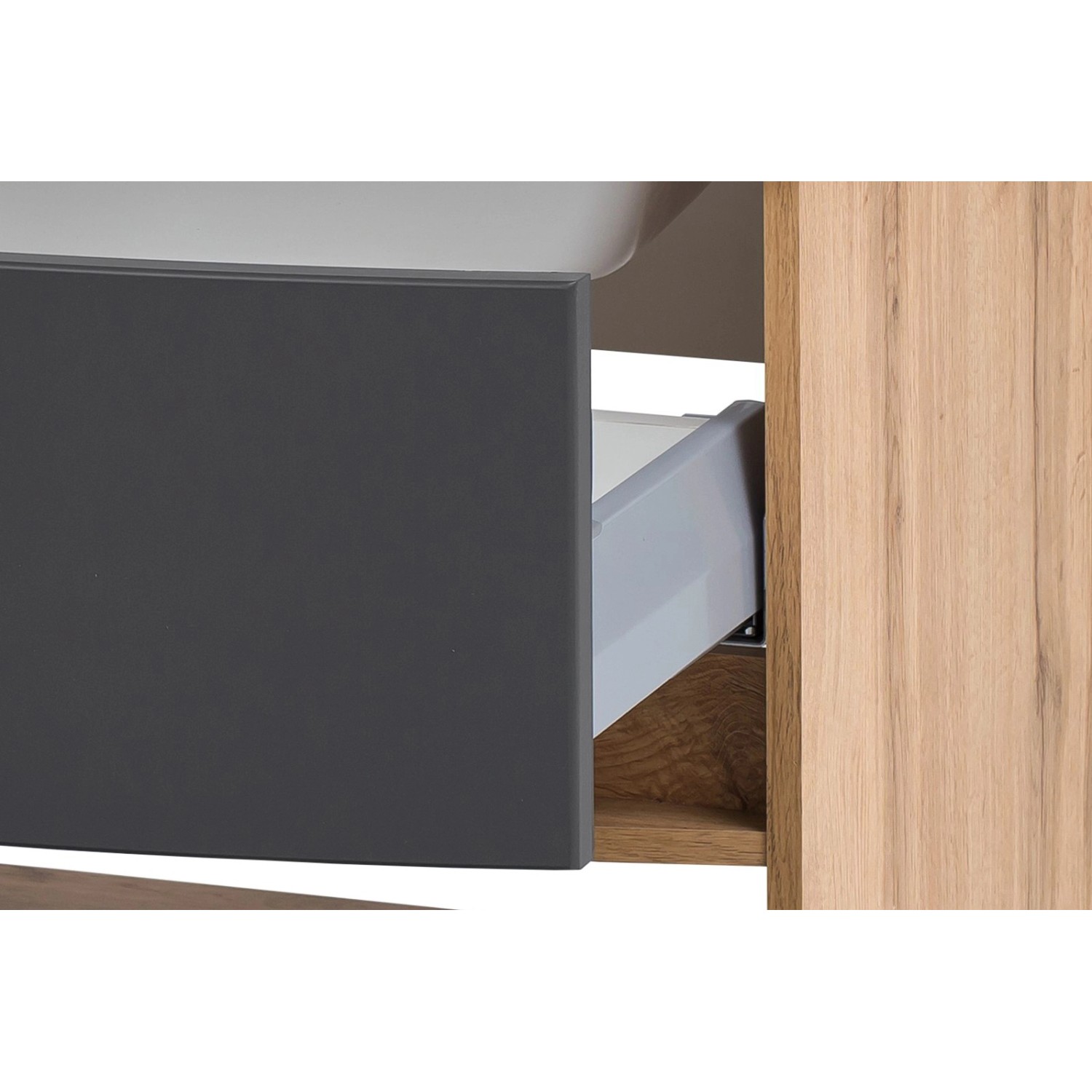Detailaufnahme: Grauer Held Möbel Einzelwaschtisch Salerno (80 cm) mit offener Schublade und Softclose.