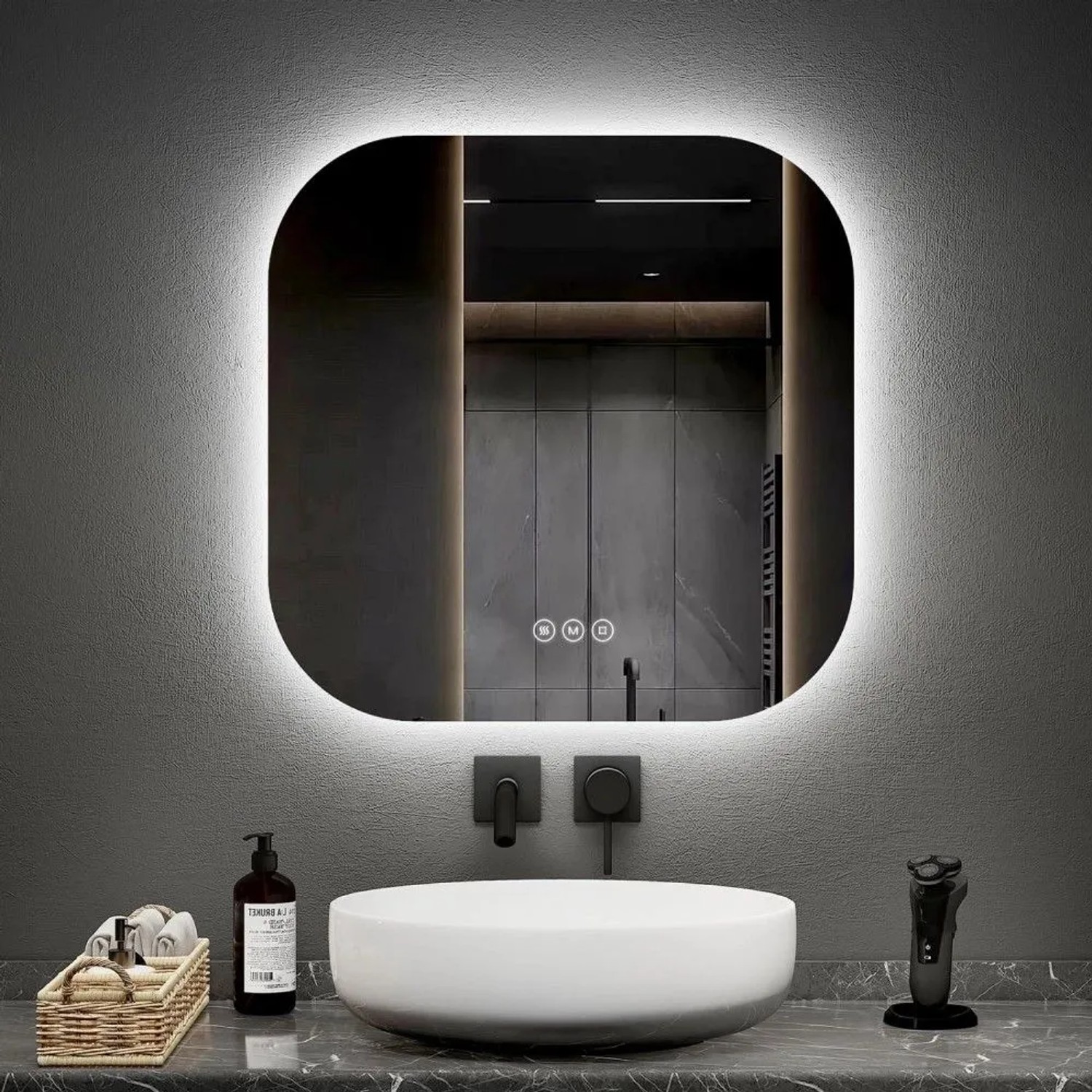 Emke LED-Badspiegel 60x60 cm, quadratisch mit abgerundeten Ecken, Hintergrundbeleuchtung, Touch-Steuerung und Antibeschlag.