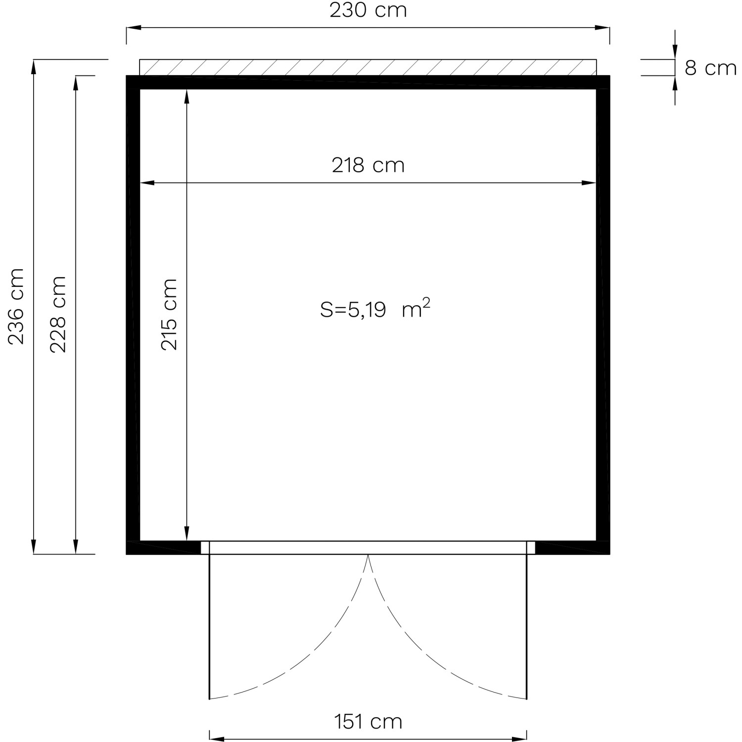 Grundriss Bertilo Gartenhaus HPL 1 Anthrazit-Weiß, 228x230 cm, Maße und Fläche.