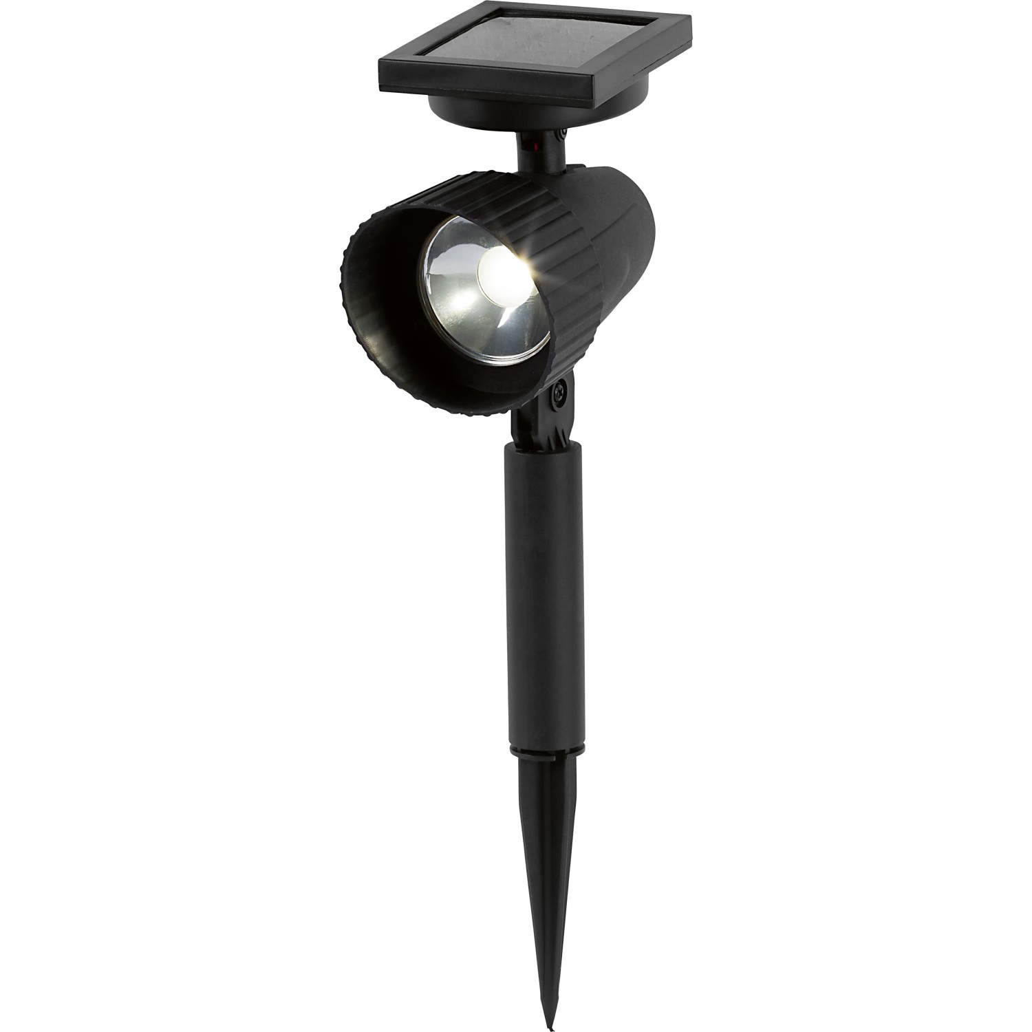 Schwarzer LED-Solar-Spot Travi für den Garten, mit Erdspieß und beweglichem Kopf.