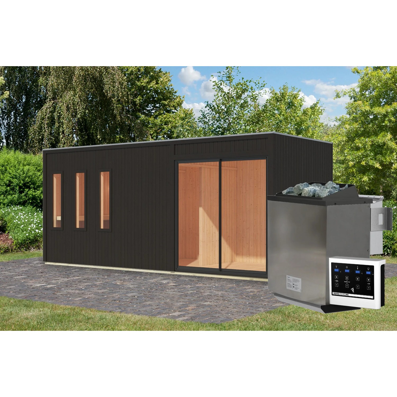 Karibu Saunahaus "Huelva" mit Ofen (9 kW Bio Extern) in Schwarz. Inklusive Vorraum und separatem Séparée.