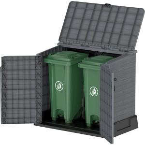 Duramax StoreAway 850L Universalbox in Anthrazit, geöffnet mit zwei Mülltonnen darin.