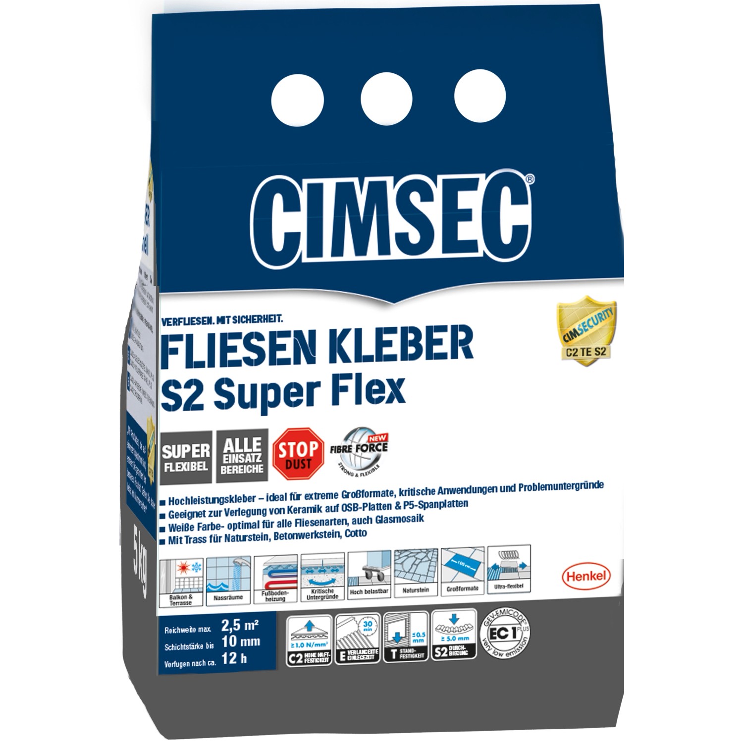 Cimsec Fliesenkleber S2 Superflex 5kg, flexibler, faserverstärkter Fliesenkleber für Innen & Außen.