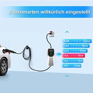 Junsun Typ 2 11kW EV Ladegerät lädt Auto. Anzeige zeigt 8 einstellbare Stromarten, z.B. 16A.