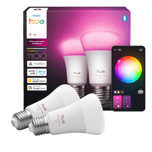 2er-Pack Philips Hue E27 LED-Lampen mit Farbwechsel und App-Steuerung.