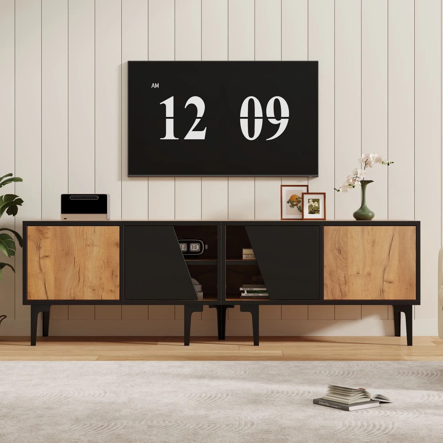 okwish TV Schrank mit Stauraum Fächern Wohnzimmer 160x36.5x45cm Braun_3