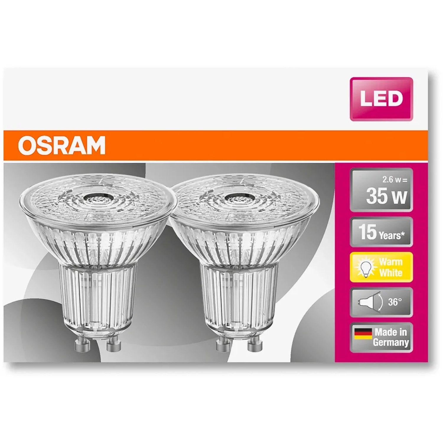 Osram GU10 LED-Leuchtmittel 2er-Set, 2,6W, warmweiß, 230 Lumen, 5,2x5cm.