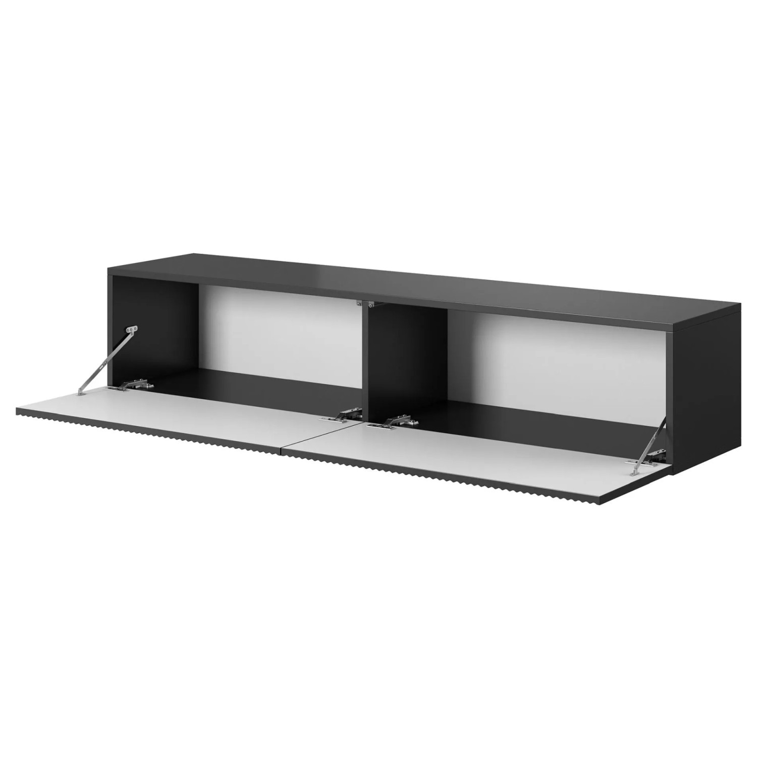 Schwarzes Selsey Veldio TV-Hängeboard mit geöffneten Lamellenfronten, zwei Fächern und mattem Finish für modernen Stauraum.
