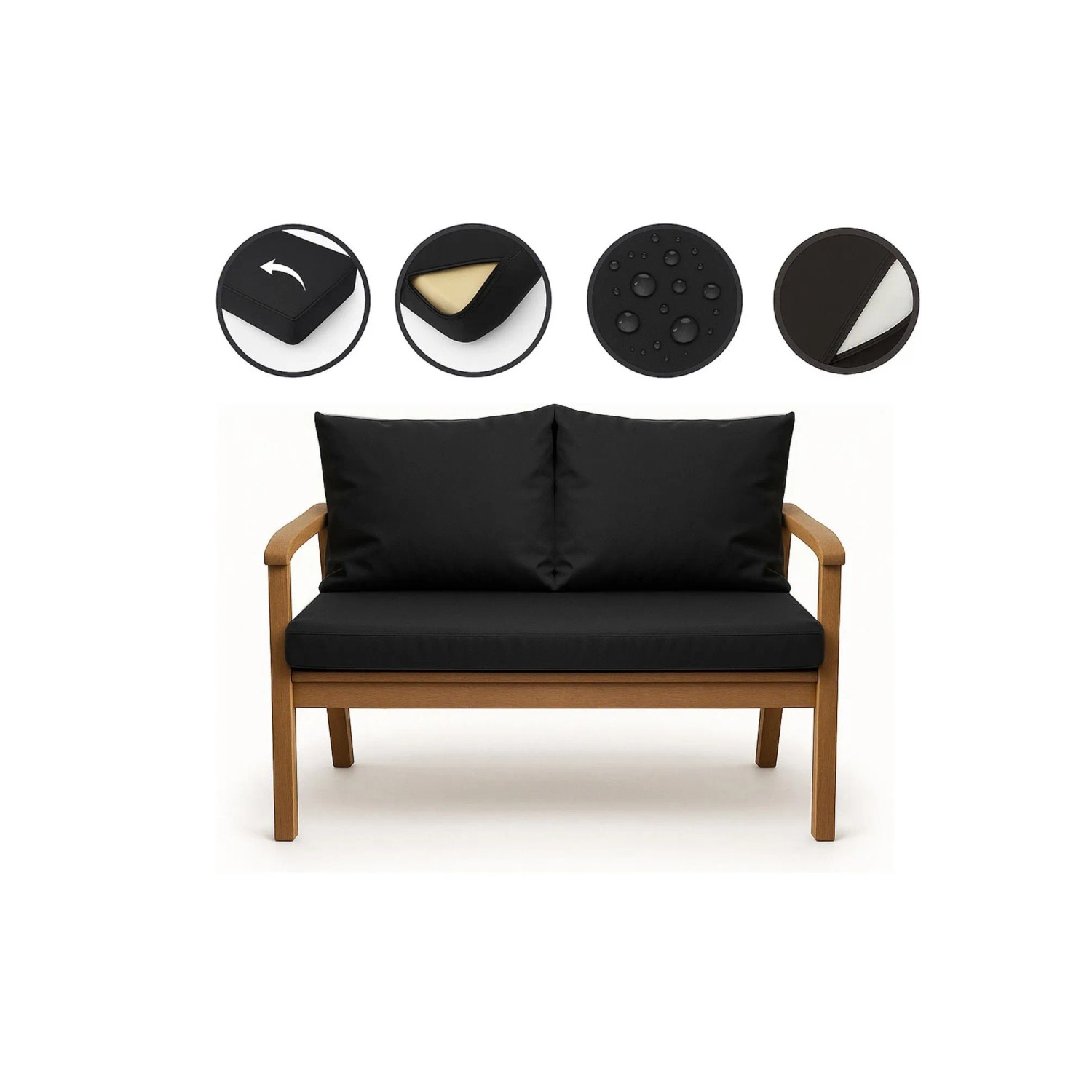 Schwarzes Setgarden Bankkissen-Set für 2-Sitzer Gartenbank, bestehend aus Sitz- und Rückenkissen.