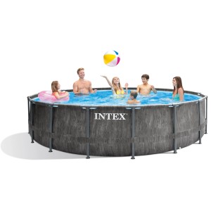 Intex Frame Pool Set Prism Greywood, Ø 457 cm, mit Familie im Wasser und Ball.