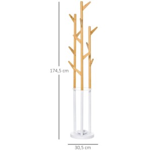 HOMCOM Garderobenständer aus Bambus mit 12 Haken, weißem Schirmständer, Skandi-Design, 174,5 cm hoch.