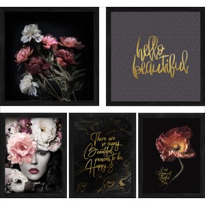 Pro-Art Bild Beautiful & Gold II, 5-teiliges Wandbild-Set mit Blumen, Frau und goldenen Schriftzügen.