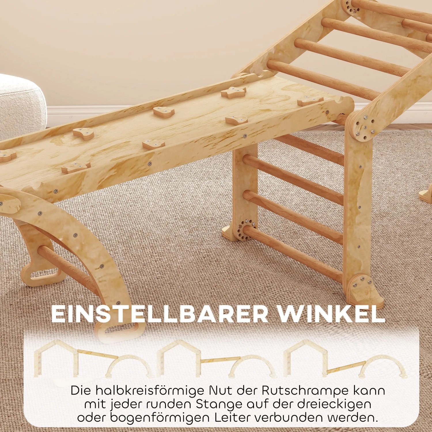 AIYAPLAY Klettergerüst aus Holz mit verstellbarer Rutsche und Klettergriffen. Detailansicht der Winkelverstellung.