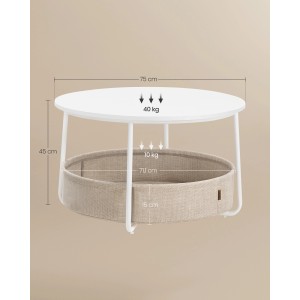 Weiß-brauner Vasagle Couchtisch (75x75x45cm) mit Stoffkorb für Stauraum.