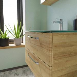 Pelipal Glas-Waschbecken Trentino, 77 cm, mit Holz-Waschtischunterschrank und zwei Schubladen.