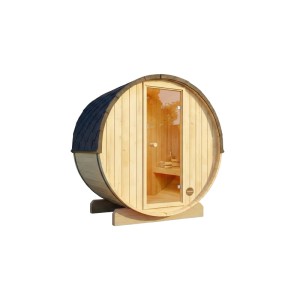 FinnTherm Fasssauna Mini XXS aus Holz mit Glastür und Dachschindeln.