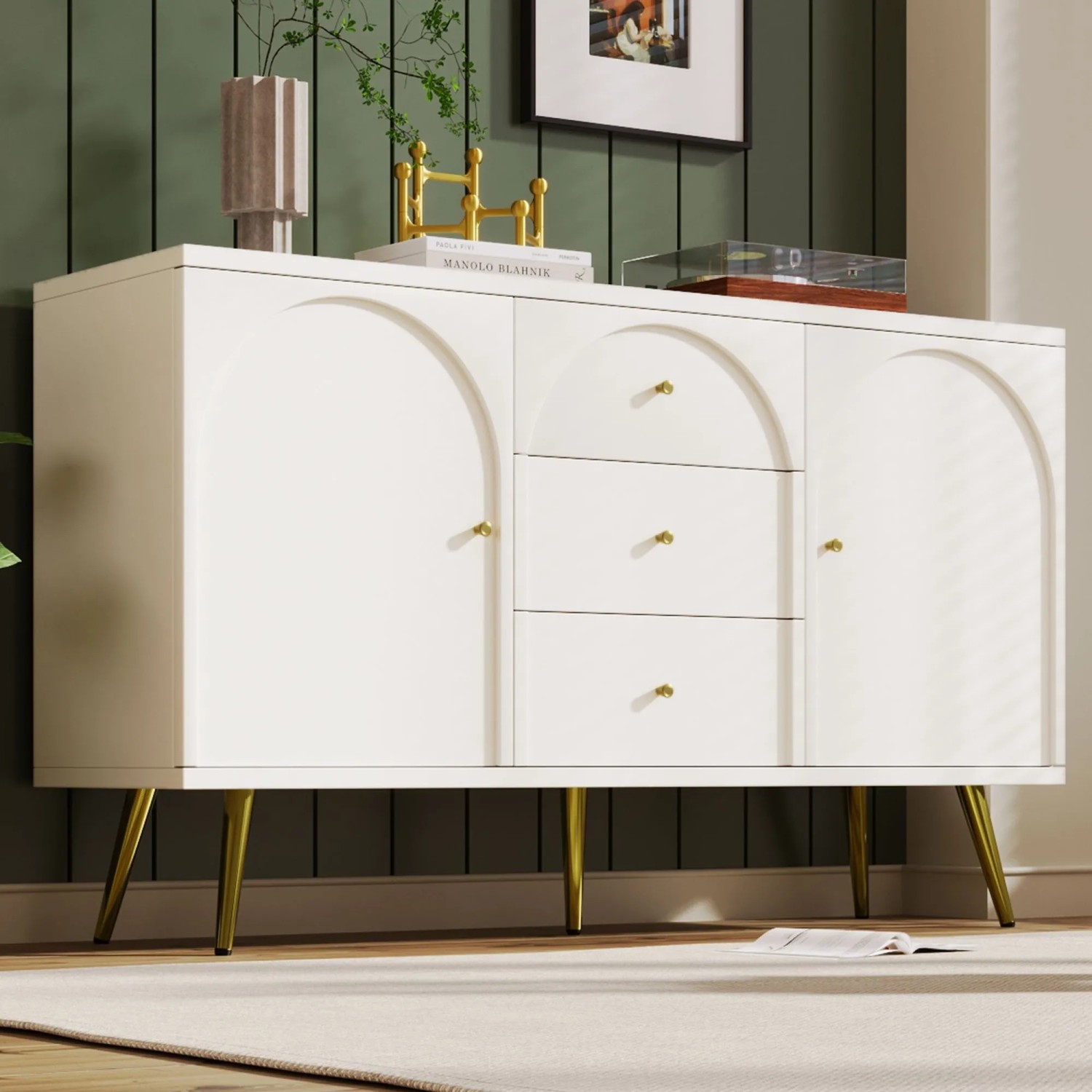 okwish Kommode mit Türen Schubladen Wohnzimmer Schlafzimmer 84x140x40cm Cremeweiß_2
