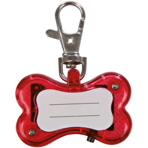 Roter Jollypaw Flasher in Knochenform mit Adressfeld und Karabiner für Hundehalsbänder.