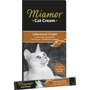 Miamor Katzen-Snack Leberwurst-Cream, 6x15g. Katzenleckerli mit Leberwurstgeschmack im Portionsbeutel.