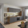 Moderne Küchenzeile in Grau-Wotaneiche Optik mit E-Geräten. 300 cm breit.