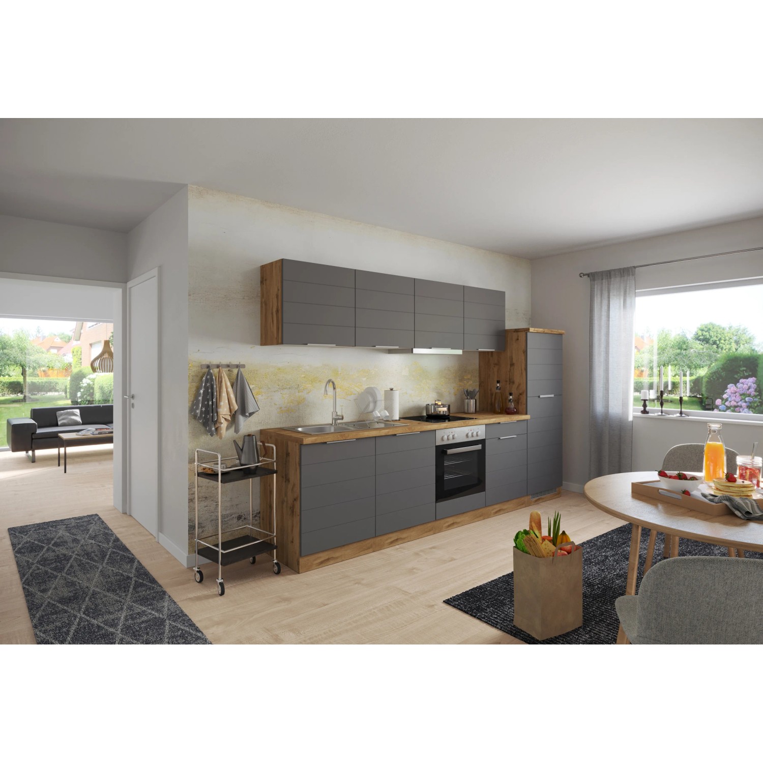 Moderne Küchenzeile in Grau-Wotaneiche Optik mit E-Geräten. 300 cm breit.
