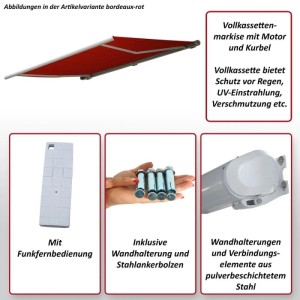 Elektrische Kassettenmarkise in Anthrazit, 4x3m, mit Zubehör wie Wandhalterung und Fernbedienung.