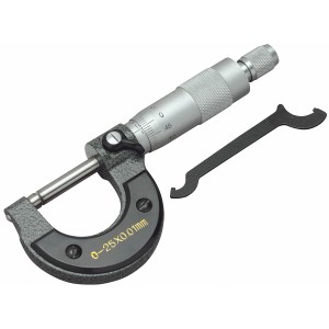 LUX Micrometer Comfort aus Stahl mit Messbereich 0-25 mm und Einstellschlüssel.
