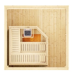 Draufsicht Design-Saunahaus 412 mit Saunaofen und Liegen aus hellem Holz.