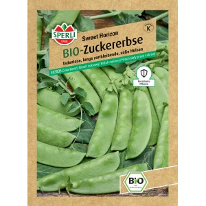 Samenpackung BIO Zuckererbse Sweet Horizon von Sperli mit grünen Erbsenschoten.